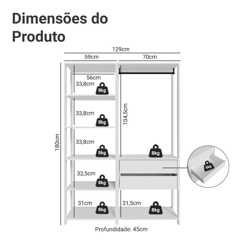 Guarda-roupa Closet Modulado 2 Gavetas 129 Cm Valencia Madesa Branco - 3