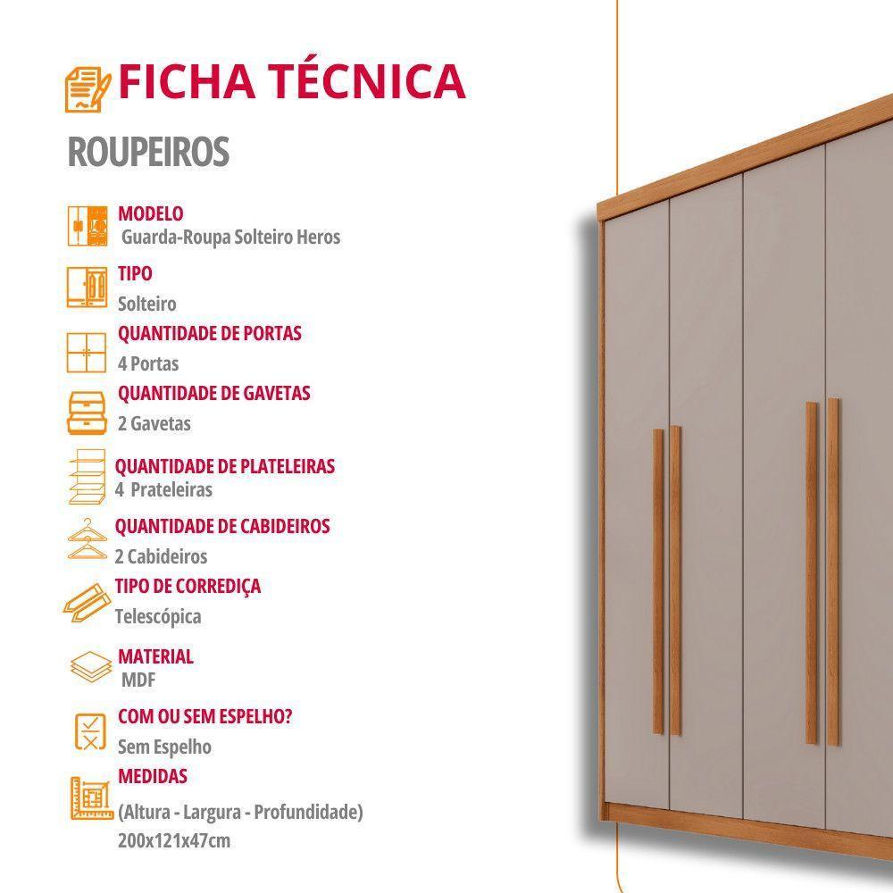 Guarda Roupa Solteiro Heros 4 Portas E 2 Gavetas Moderna Naturalle Off White - 6
