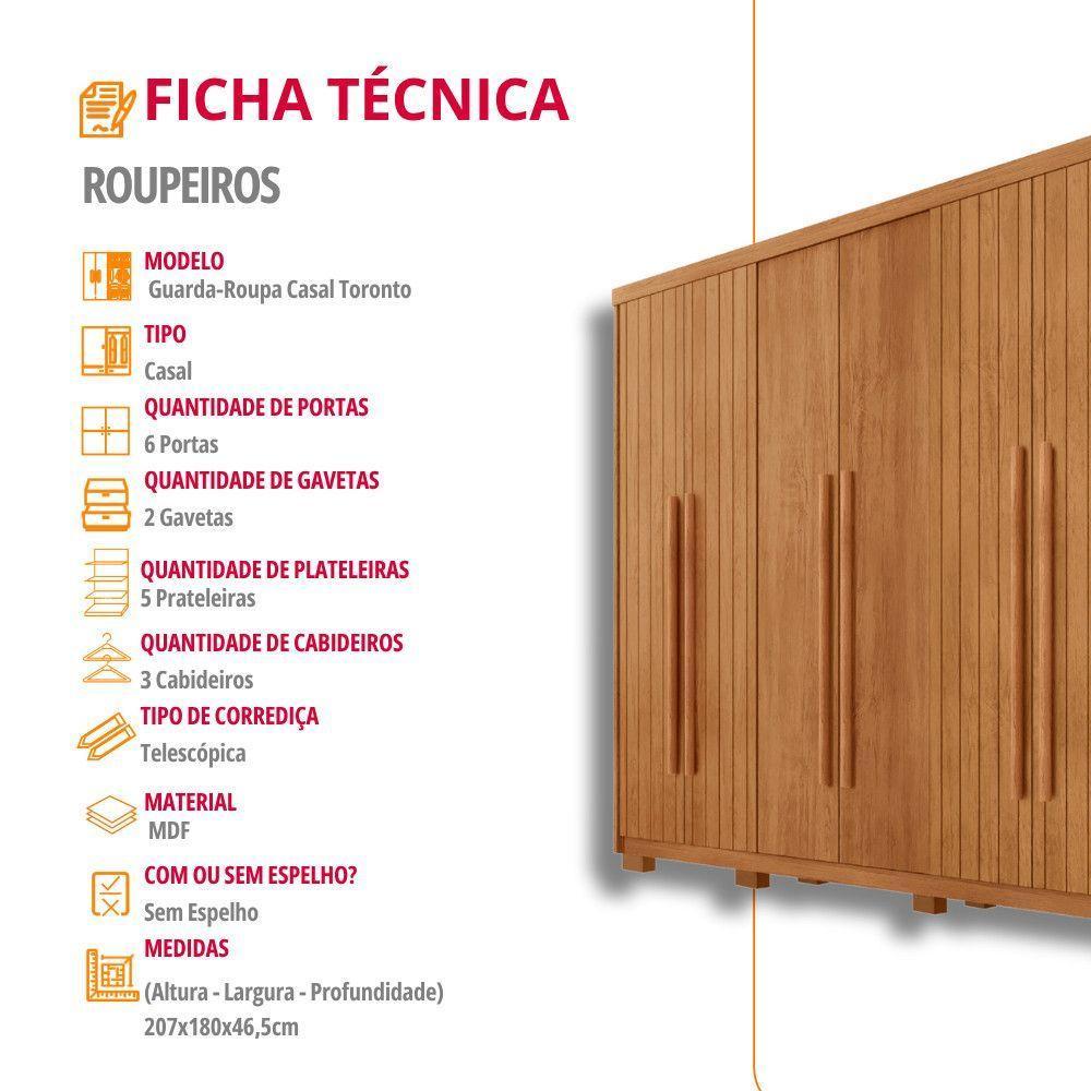 Guarda Roupa Casal Toronto 6 Portas 2 Gavetas Com Pés Moderna Naturalle Com Pés - 7