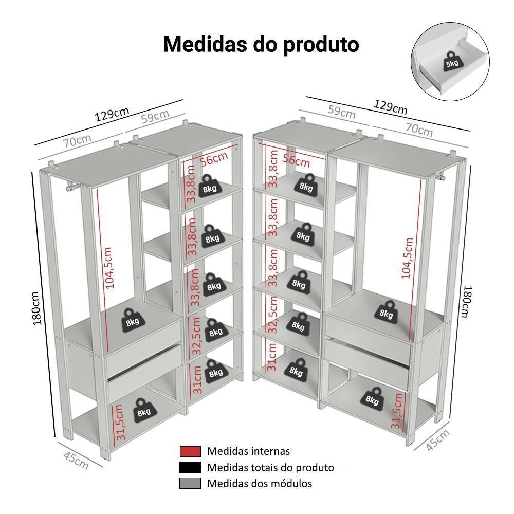 Guarda-roupa Closet Modulado 4 Gavetas 258 Cm Valencia Madesa 04 Branco - 3