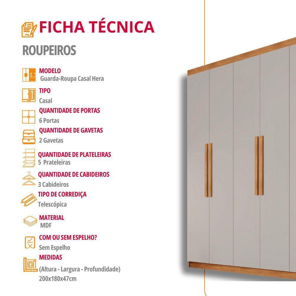 Guarda Roupa Casal Hera 6 Portas Rufato Naturalle Off White - 6