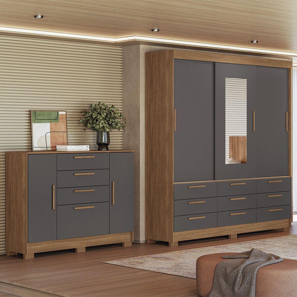 Quarto Guarda-roupas 3 Portas Com Espelho E Cômoda Dante Estilo Mm Jatoba Grafitte - 1
