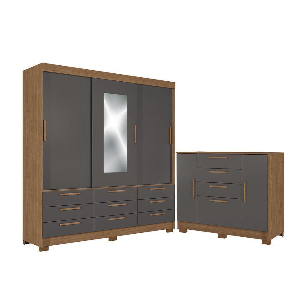 Quarto Guarda-roupas 3 Portas Com Espelho E Cômoda Dante Estilo Mm Jatoba Grafitte - 2