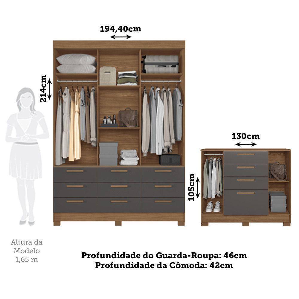 Quarto Guarda-roupas 3 Portas Com Espelho E Cômoda Dante Estilo Mm Jatoba Grafitte - 3