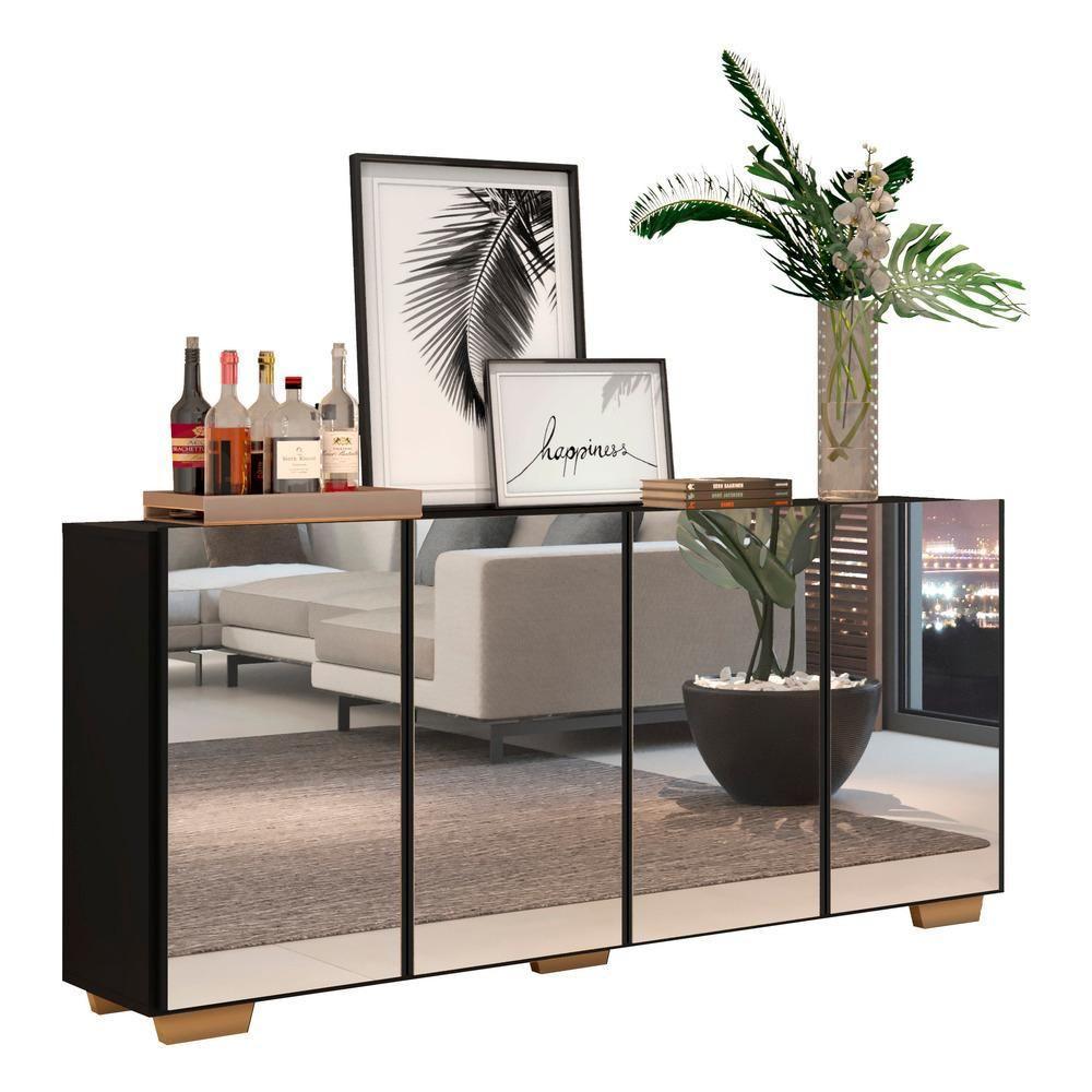 Aparador Buffet 4 Portas com Espelho e Pés Preto/natural - 1