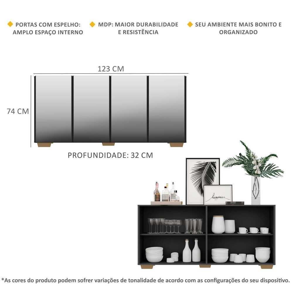 Aparador Buffet 4 Portas com Espelho e Pés Preto/natural - 5