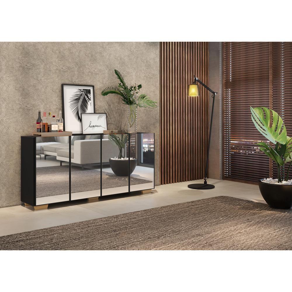 Aparador Buffet 4 Portas com Espelho e Pés Preto/natural - 7