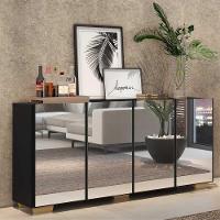 Aparador Buffet 4 Portas com Espelho e Pés Preto/natural - 6