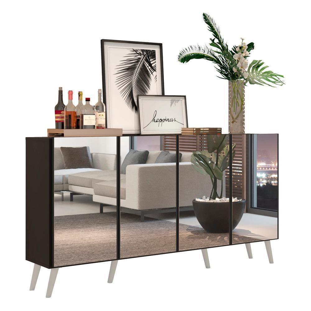 Aparador Buffet 4 Portas com Espelho e Pés Preto/branco - 1