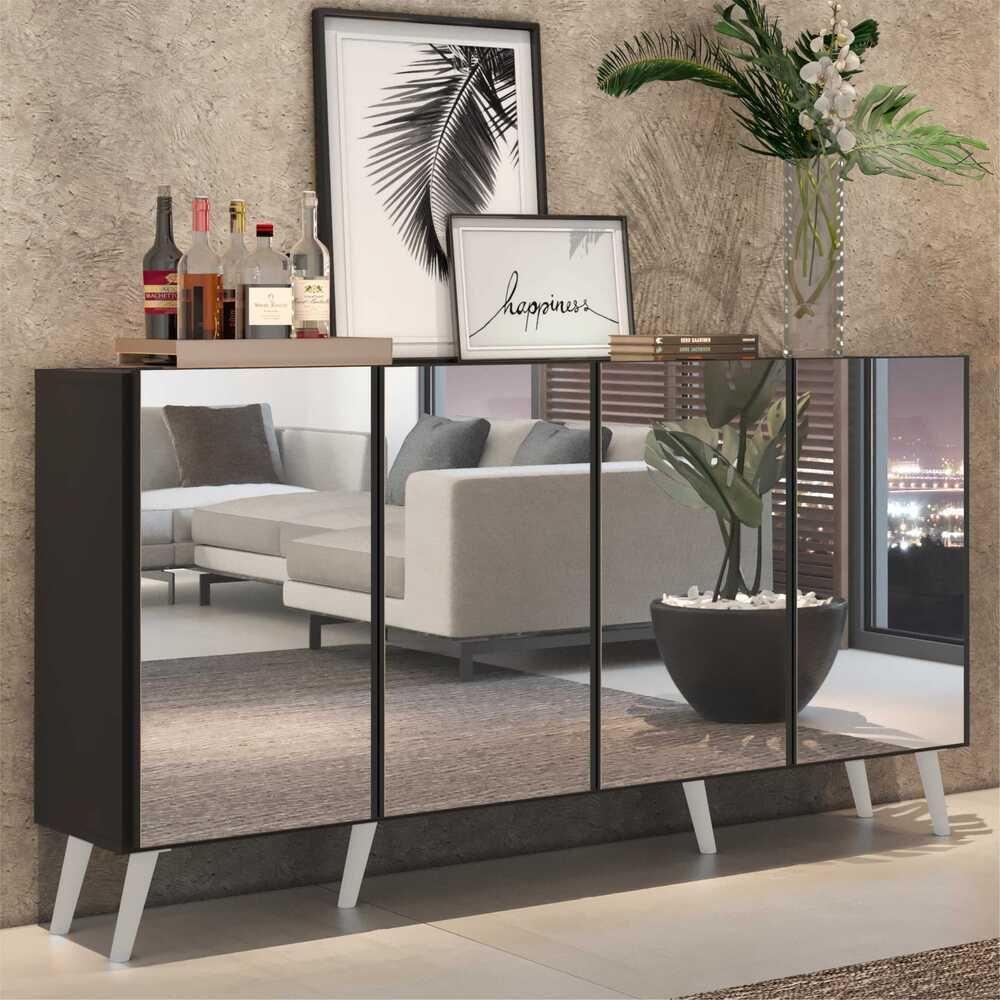 Aparador Buffet 4 Portas com Espelho e Pés Preto/branco - 6