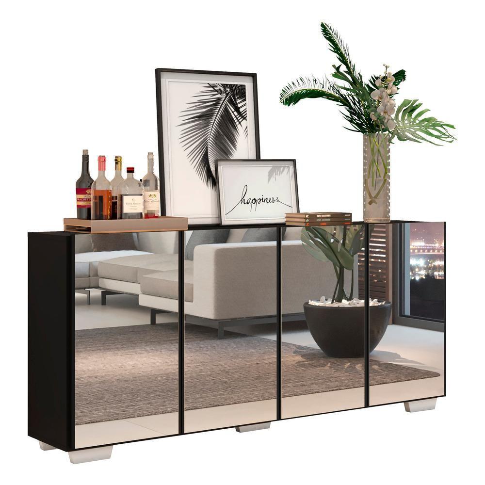 Aparador Buffet 4 Portas Com Espelho e Pés Preto/branco - 1