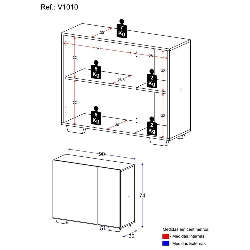 Aparador Buffet 3 Portas Com Pés Quadrados Veneza Multimóveis V1010 Preto/Branco Preto/Branco - 4