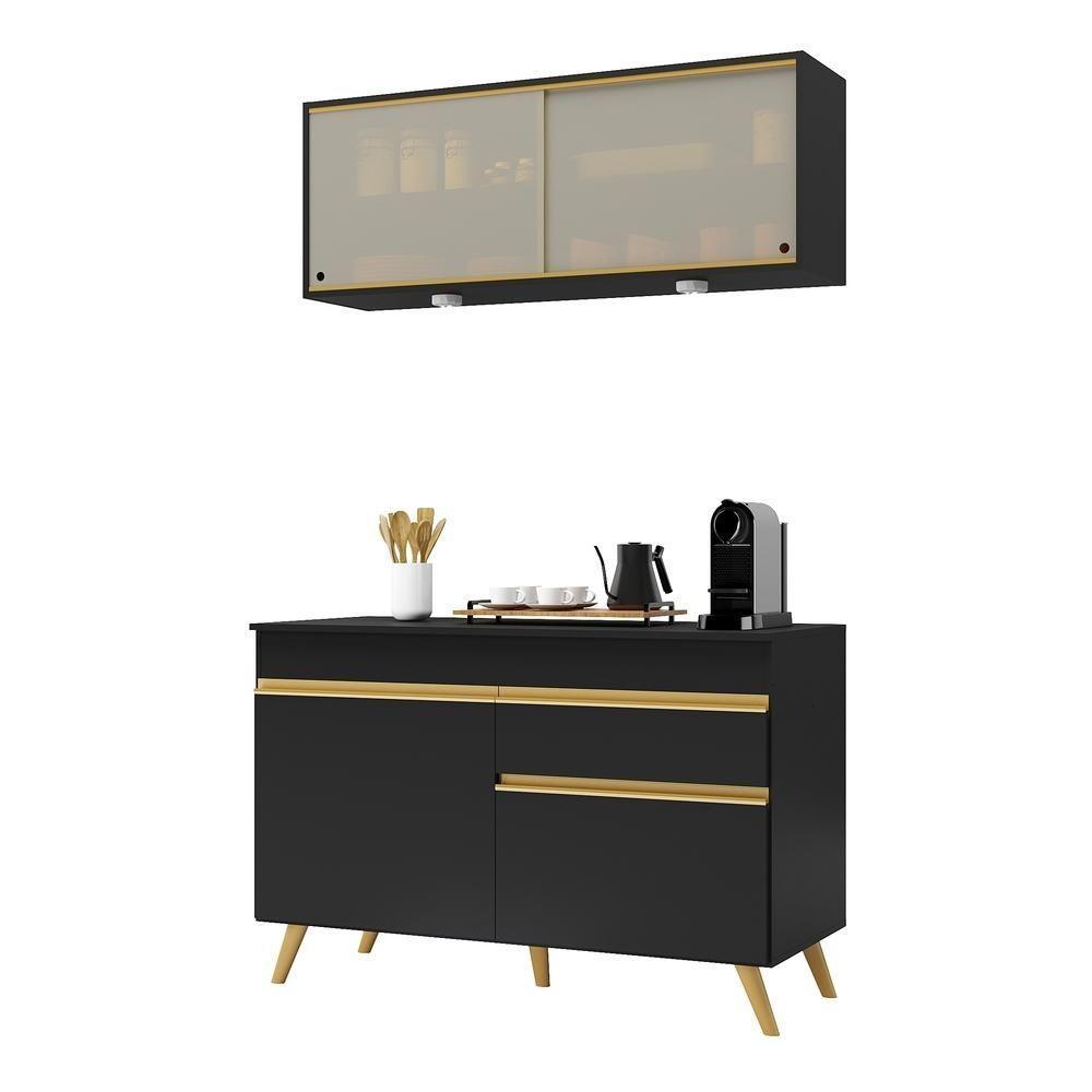 Armário De Cozinha Compacta 120cm Com Leds Veneza Up Multimóveis V2013 Preto/dourado Preto/dourado - 1