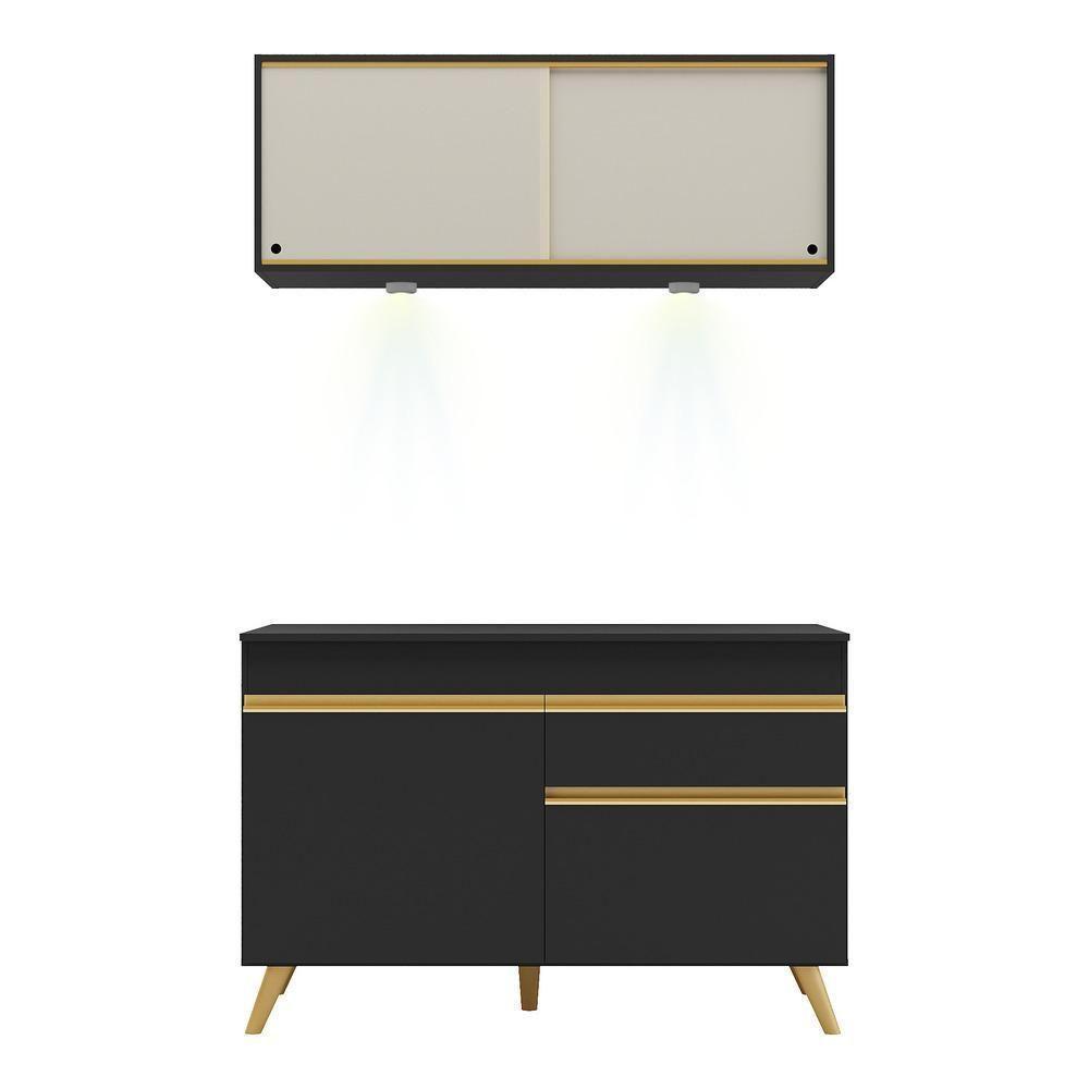 Armário De Cozinha Compacta 120cm Com Leds Veneza Up Multimóveis V2013 Preto/dourado Preto/dourado - 2