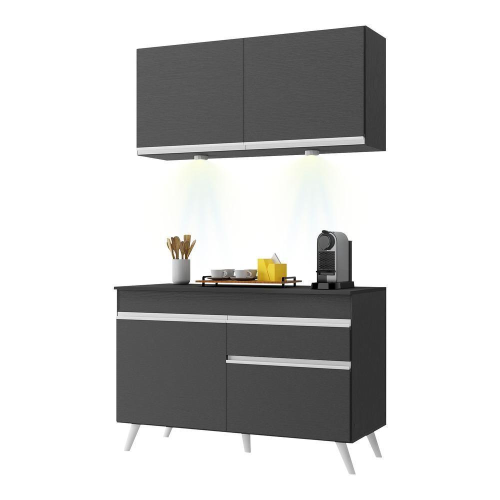 Armário De Cozinha Compacta 120cm Com Leds Veneza Up Multimóveis V2012 Preto/branco Preto/branco - 1