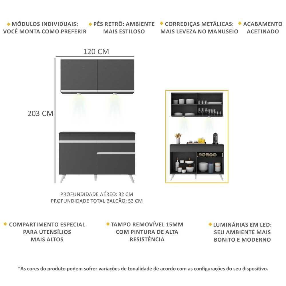 Armário De Cozinha Compacta 120cm Com Leds Veneza Up Multimóveis V2012 Preto/branco Preto/branco - 5