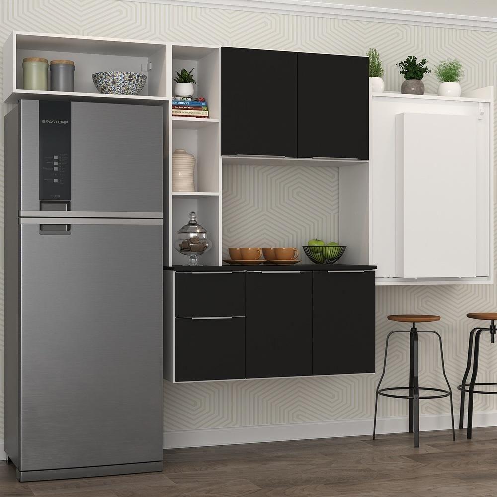 Armário De Cozinha Compacta Com Mesa Dobrável Sofia Multimóveis V2010 Branco/Preto Branco/Preto - 2