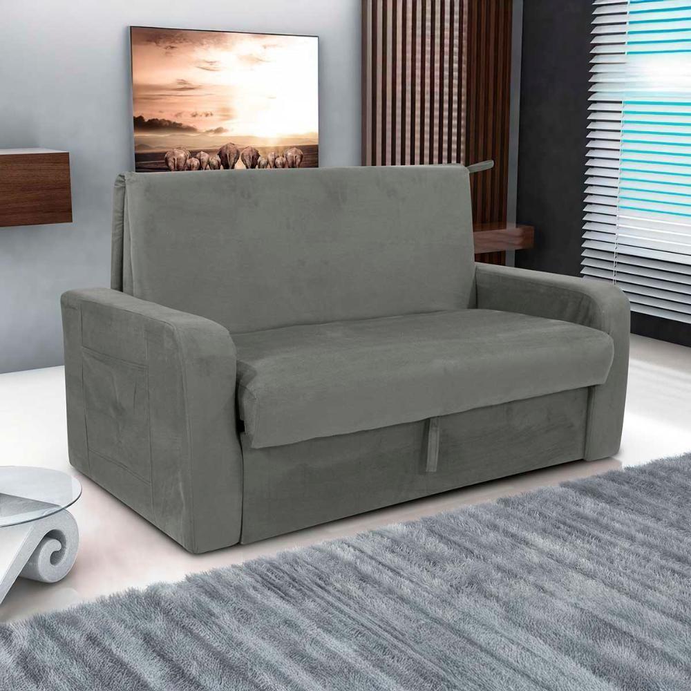 Sofá Cama 2 Lugares Compacto Com Baú 145 Larg Daiane Matrix Suede Cinza - 3