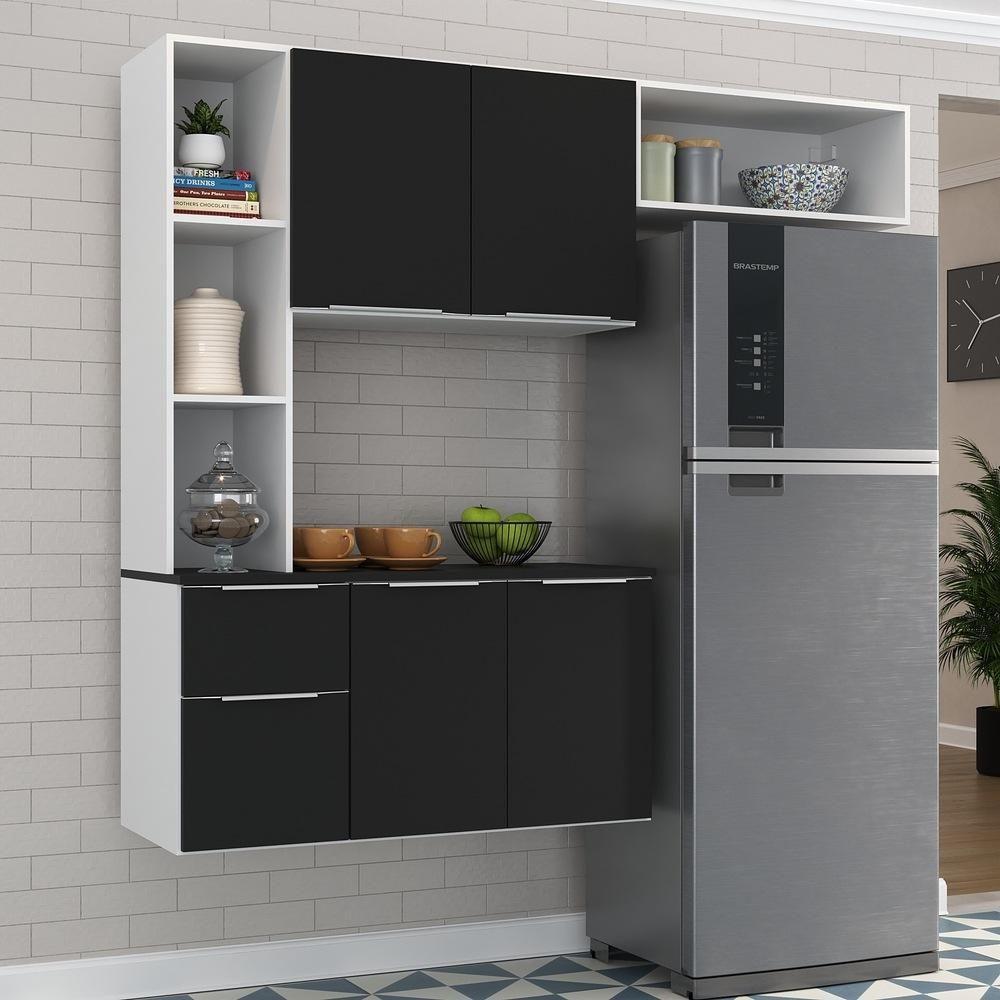 Armário De Cozinha Compacta Com Balcão Sofia Multimóveis V2003 Branco/Preto Branco/Preto - 6