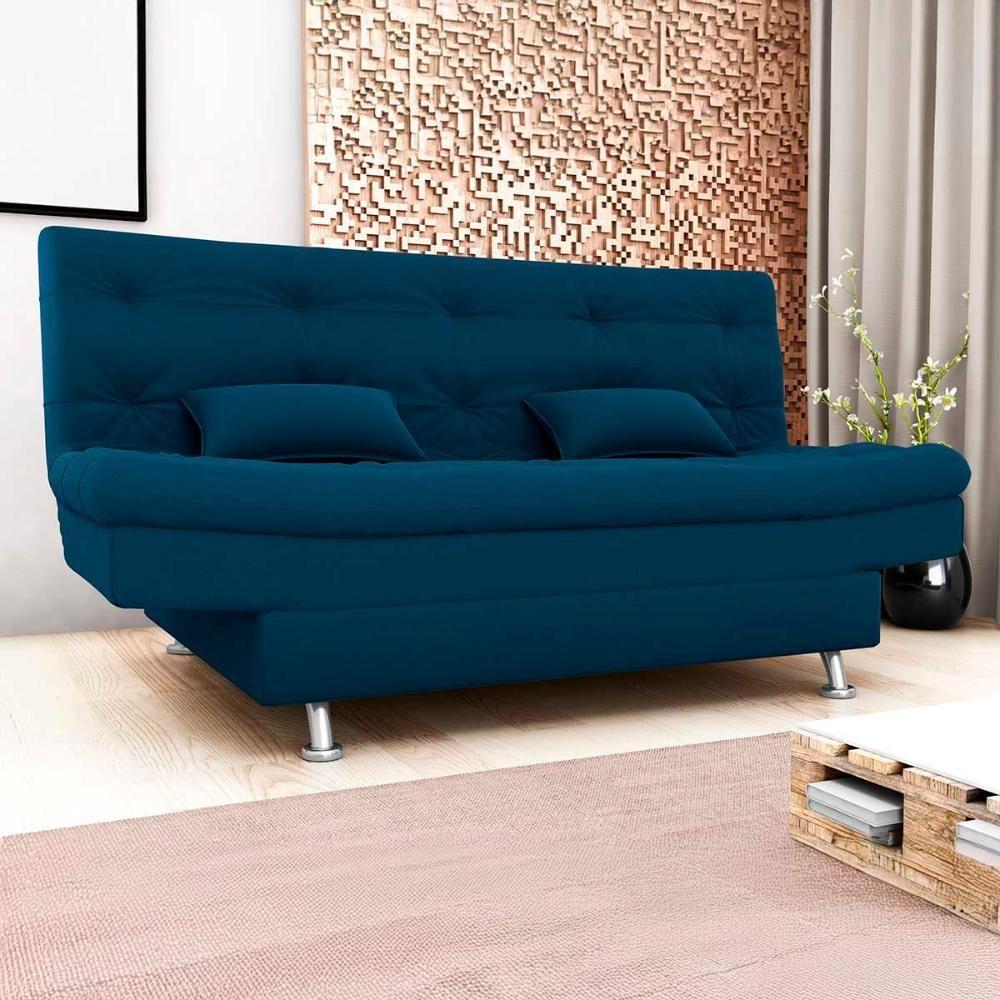 Sofá Cama 3 Lugares Com Pillow Reclinável 190 Larg Salomé Matrix Veludo Azul - 3
