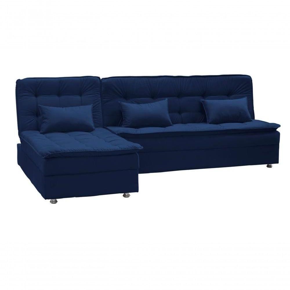 Conjunto Sofá Cama 3 Lugares Com Pillow Top E Chaise Penelope Matrix Suede Azul - 1