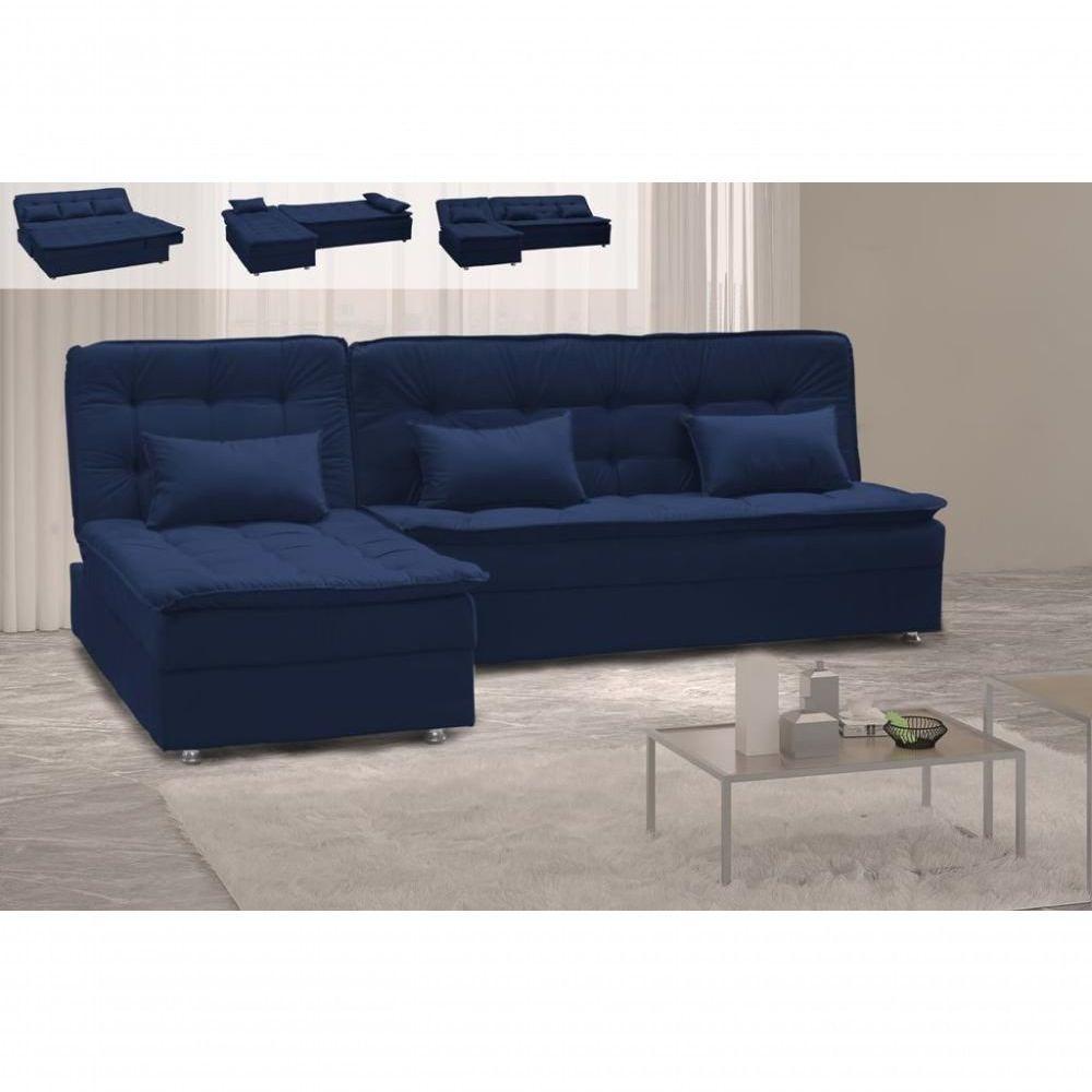 Conjunto Sofá Cama 3 Lugares Com Pillow Top E Chaise Penelope Matrix Suede Azul - 5