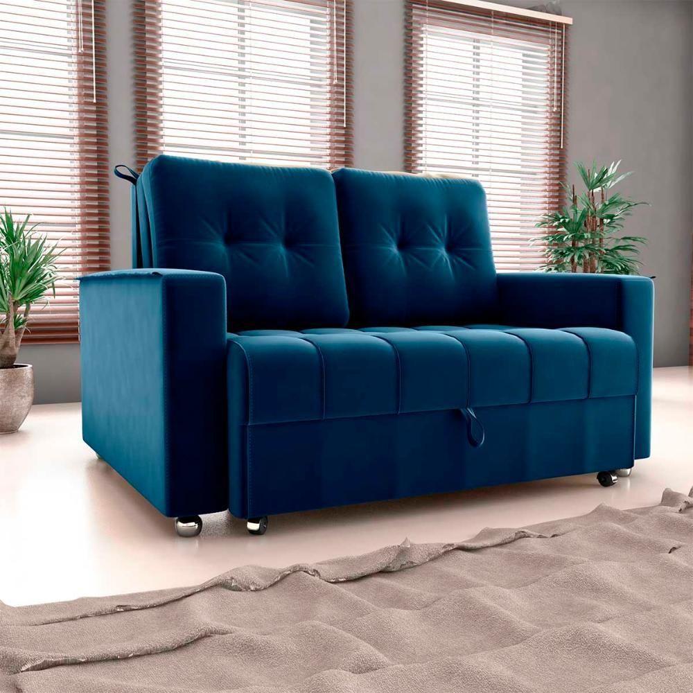 Sofá Cama Reclinável 2 Lugares Com Almofadas 140 Lag Drika Matrix Veludo Azul - 1
