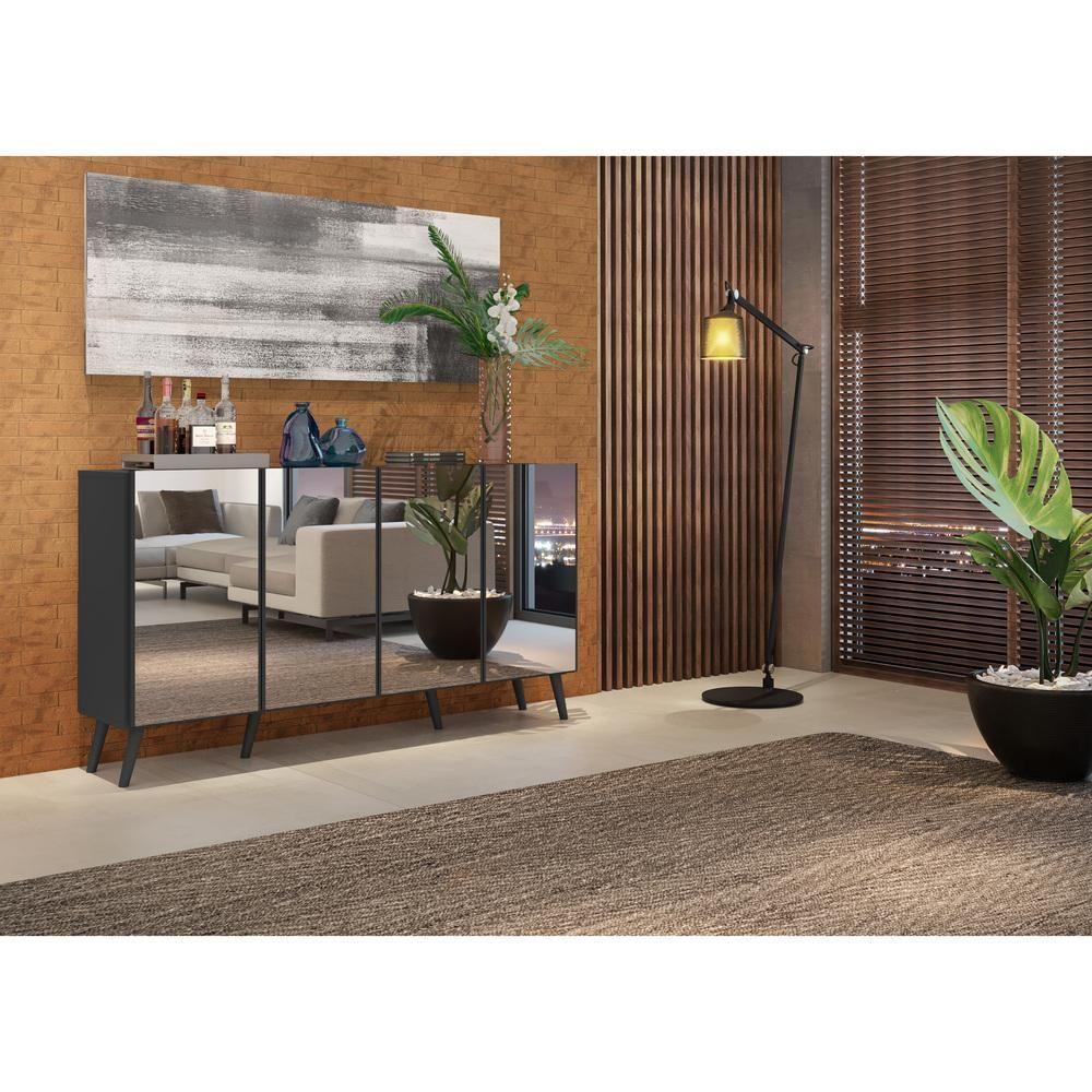 Aparador Buffet Retrô Com Espelho Multimóveis Veneza Preto - 6