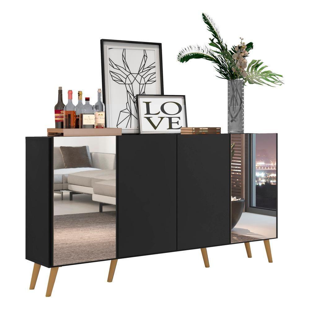 Aparador Buffet Retrô Com Espelho Multimóveis Preto/natural - 1