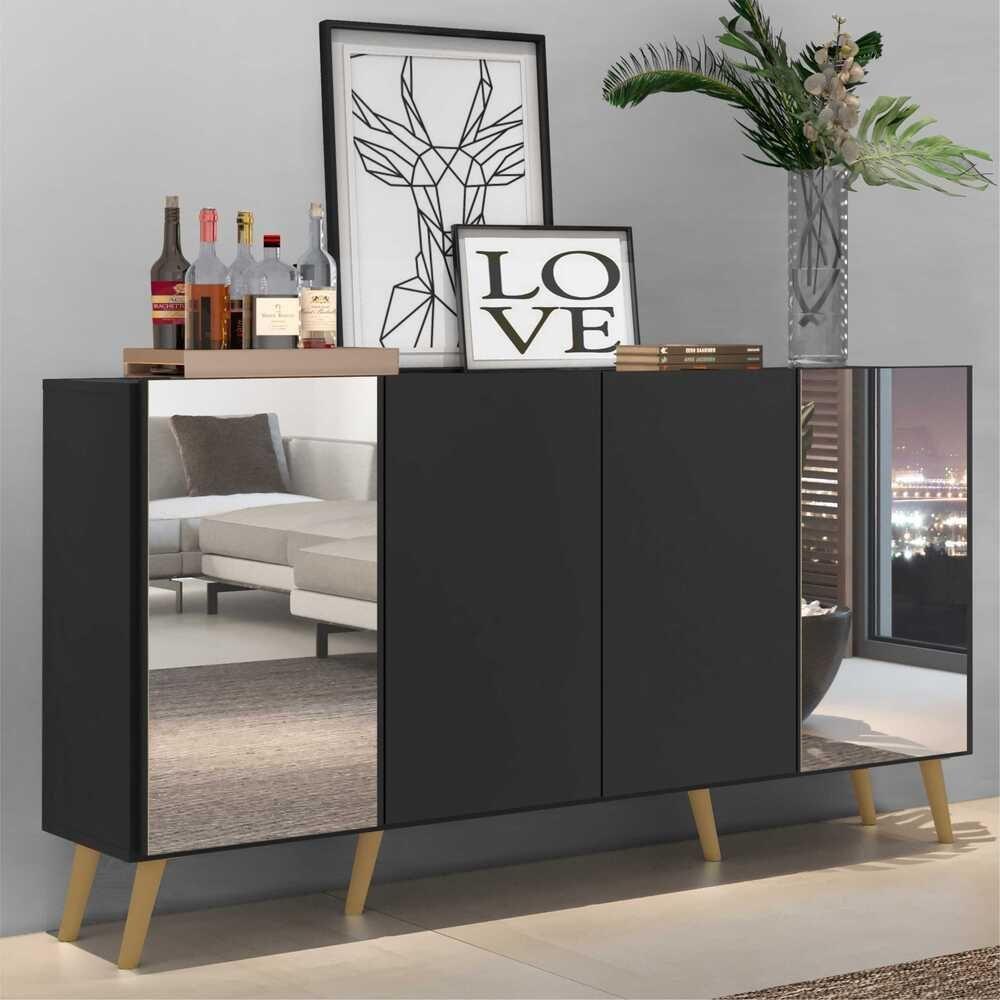 Aparador Buffet Retrô Com Espelho Multimóveis Preto/natural - 6