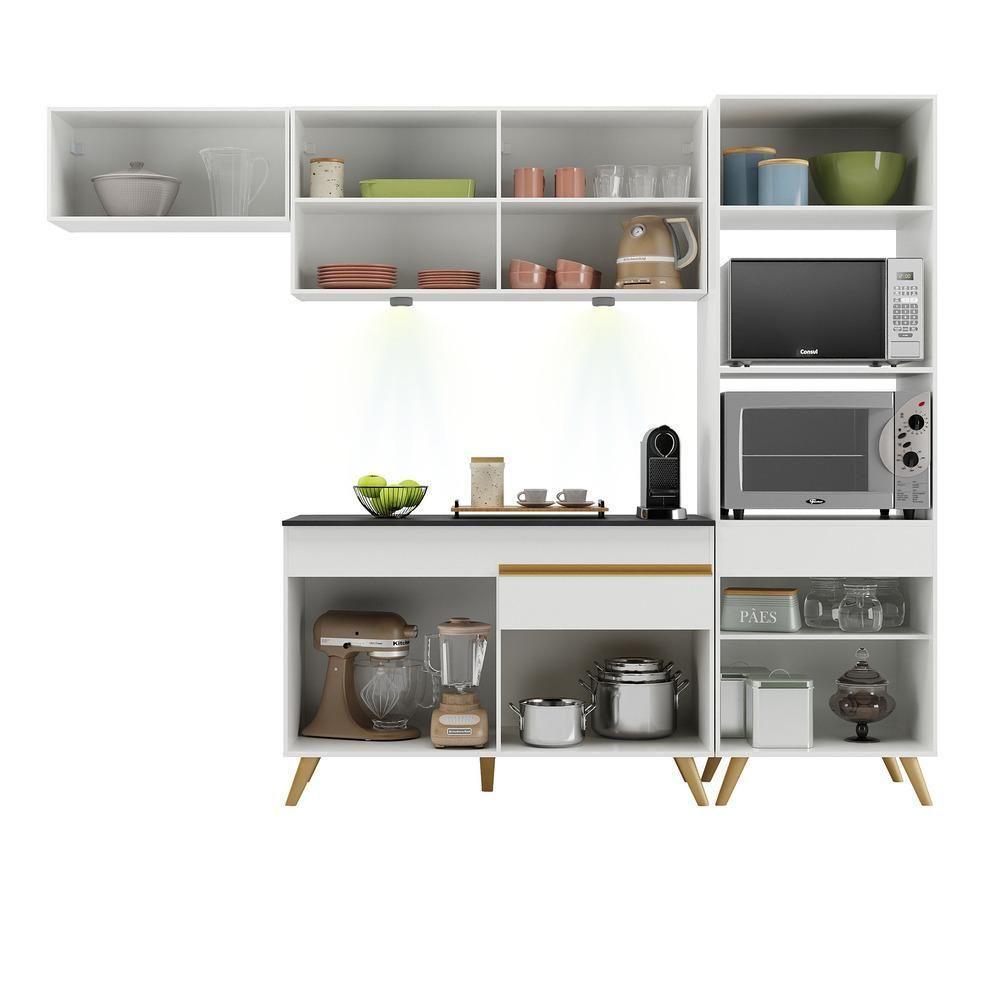 Armário De Cozinha Compacta 252cm Com Leds Veneza Up Multimóveis V2015 Branco/dourado Branco/dourado - 3