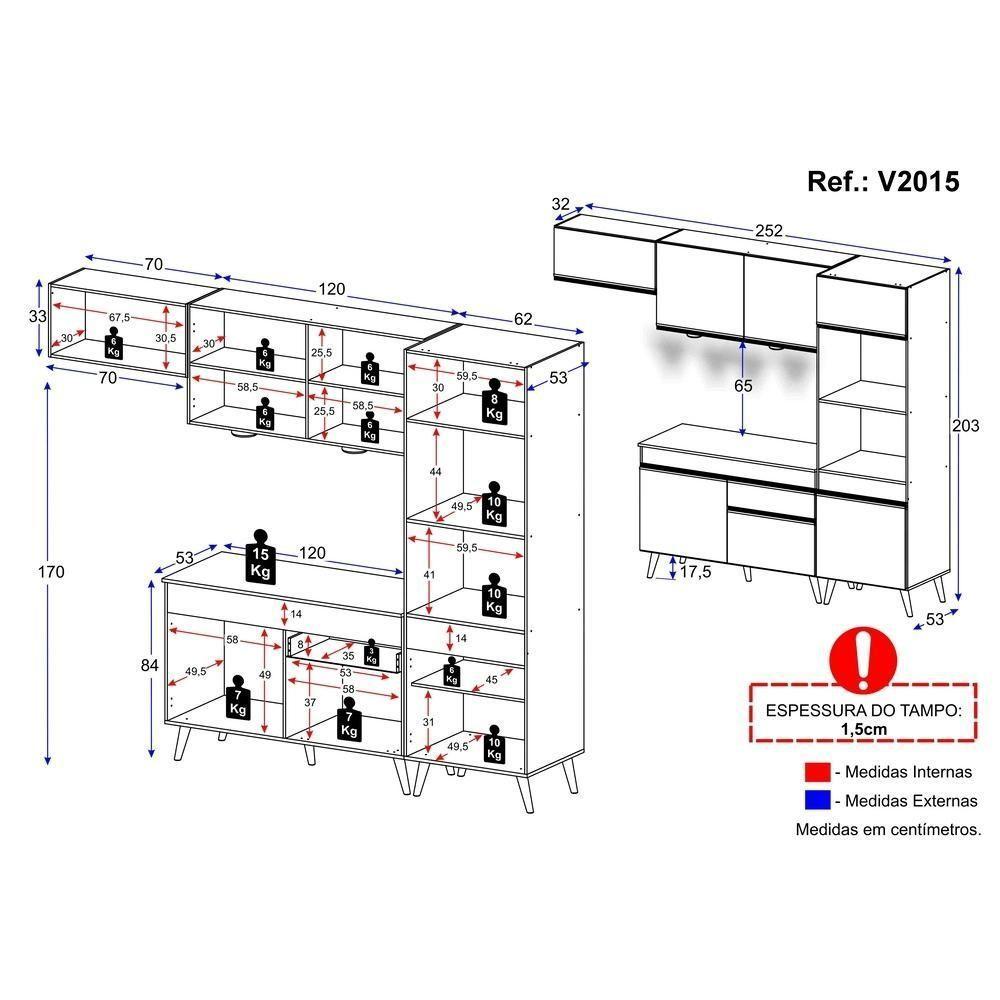 Armário De Cozinha Compacta 252cm Com Leds Veneza Up Multimóveis V2015 Branco/dourado Branco/dourado - 4