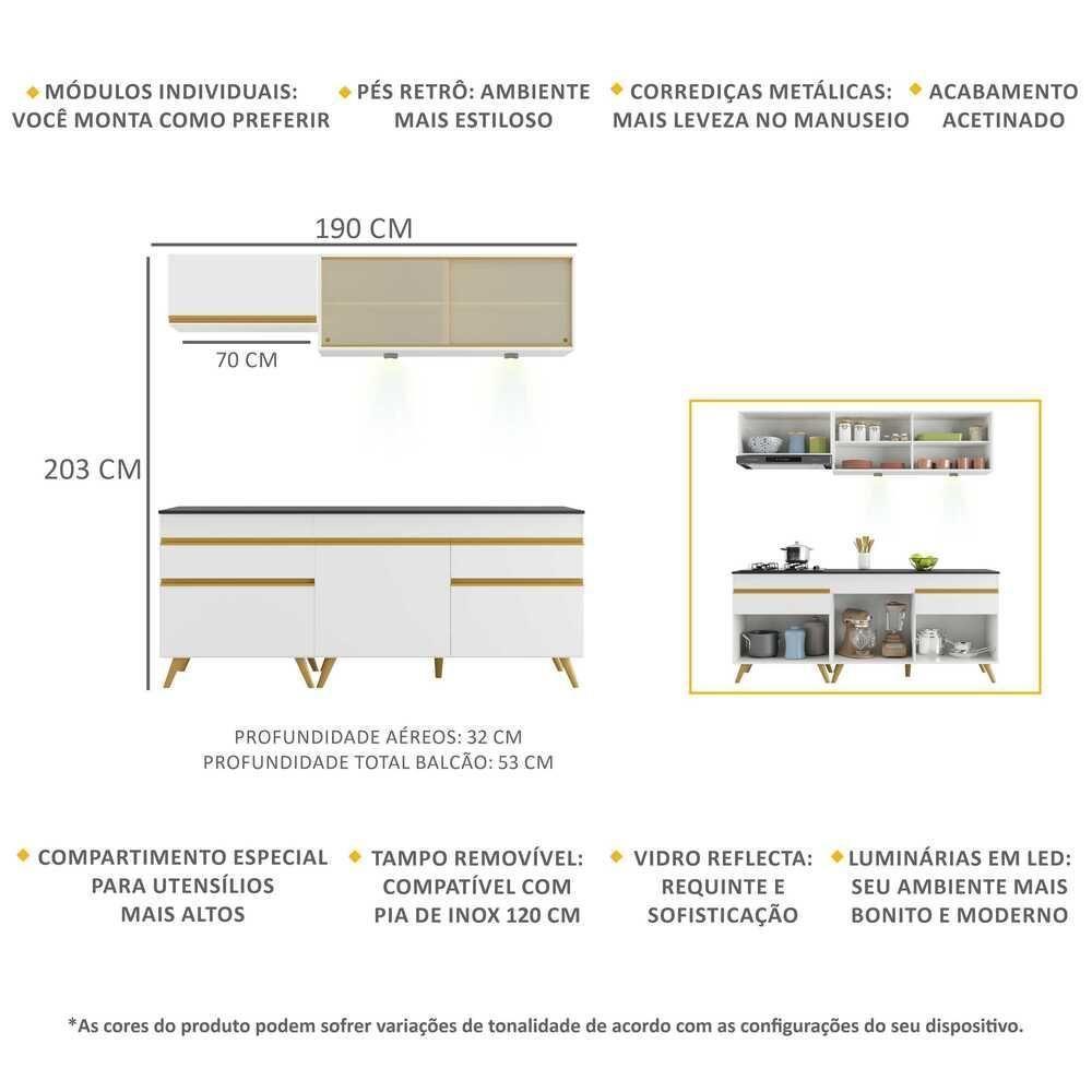 Armário De Cozinha Compacta 190cm Com Leds Veneza Up Multimóveis V2031 Branco/dourado Branco/dourado - 5