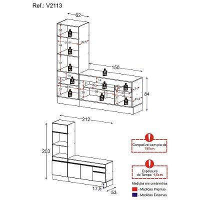 Armário de Cozinha Compacta V2113 5 Portas 1 Gaveta MDP 212cm Preto com Tampo