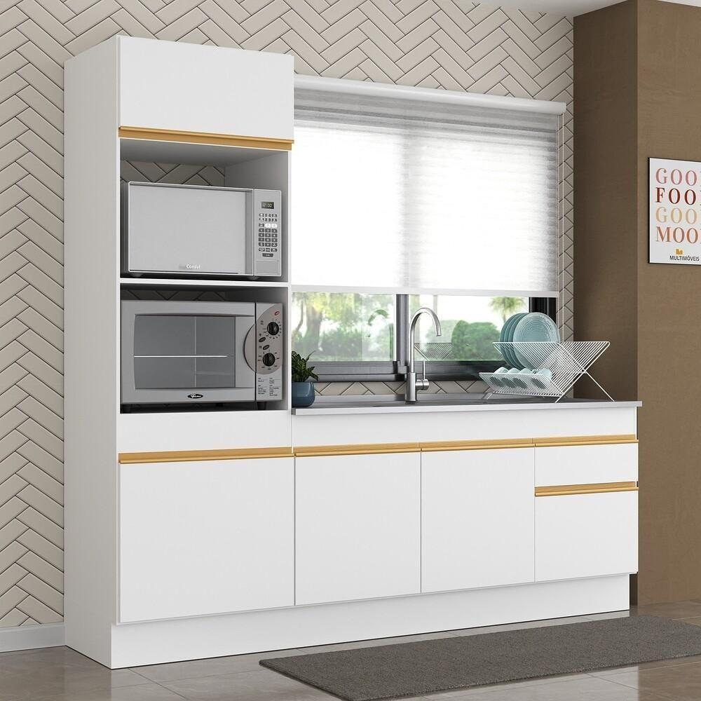 Armário De Cozinha Compacta 212cm Com Rodapé Veneza Multimóveis V2113 Branco/dourado Branco/dourado - 6