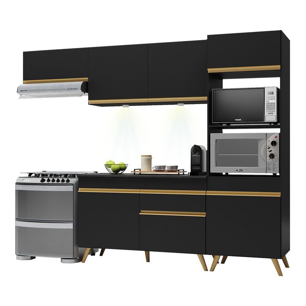 Armário De Cozinha Compacta 252cm Com Leds Veneza Up Multimóveis V2015 Preto/dourado Preto/dourado - 1