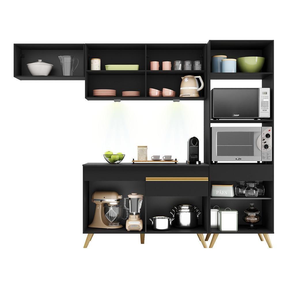 Armário De Cozinha Compacta 252cm Com Leds Veneza Up Multimóveis V2015 Preto/dourado Preto/dourado - 3