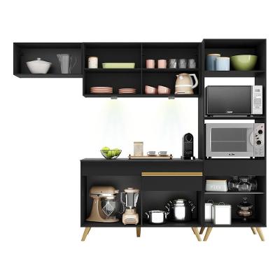 Armário de Cozinha Compacta V2015 7 Portas 1 Gaveta MDP 252cm Preto-dourado com Nicho para Forno