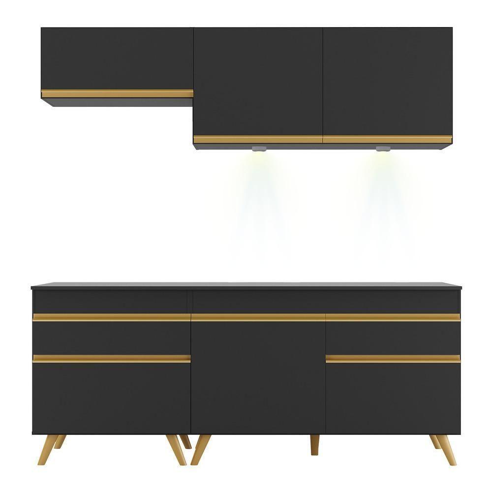 Armário De Cozinha Compacta 190cm Com Leds Veneza Up Multimóveis V2030 Preto/dourado Preto/dourado - 2