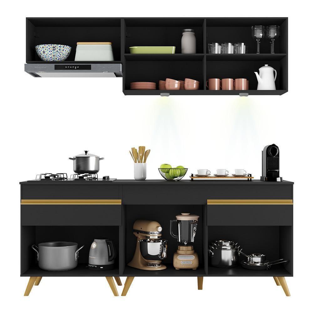 Armário De Cozinha Compacta 190cm Com Leds Veneza Up Multimóveis V2030 Preto/dourado Preto/dourado - 3