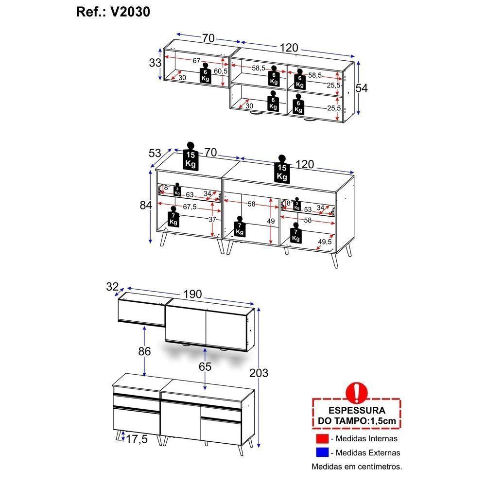 Armário De Cozinha Compacta 190cm Com Leds Veneza Up Multimóveis V2030 Preto/dourado Preto/dourado - 4