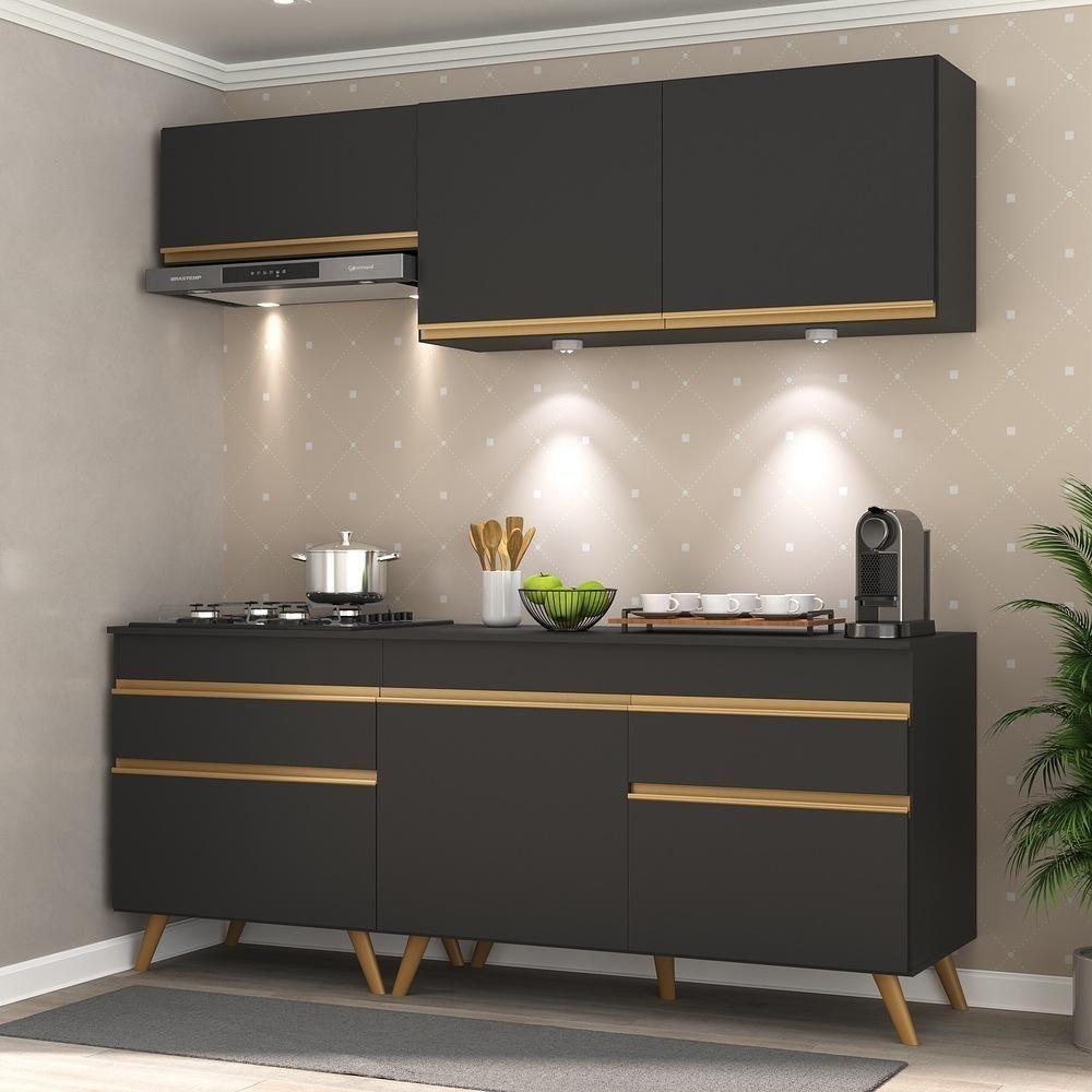 Armário De Cozinha Compacta 190cm Com Leds Veneza Up Multimóveis V2030 Preto/dourado Preto/dourado - 6