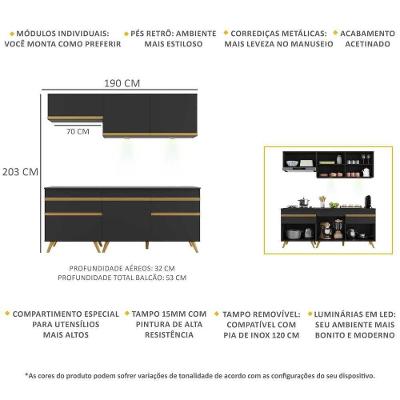 Armário de Cozinha Compacta V2030 6 Portas 2 Gavetas 190cm Preto-dourado com Leds