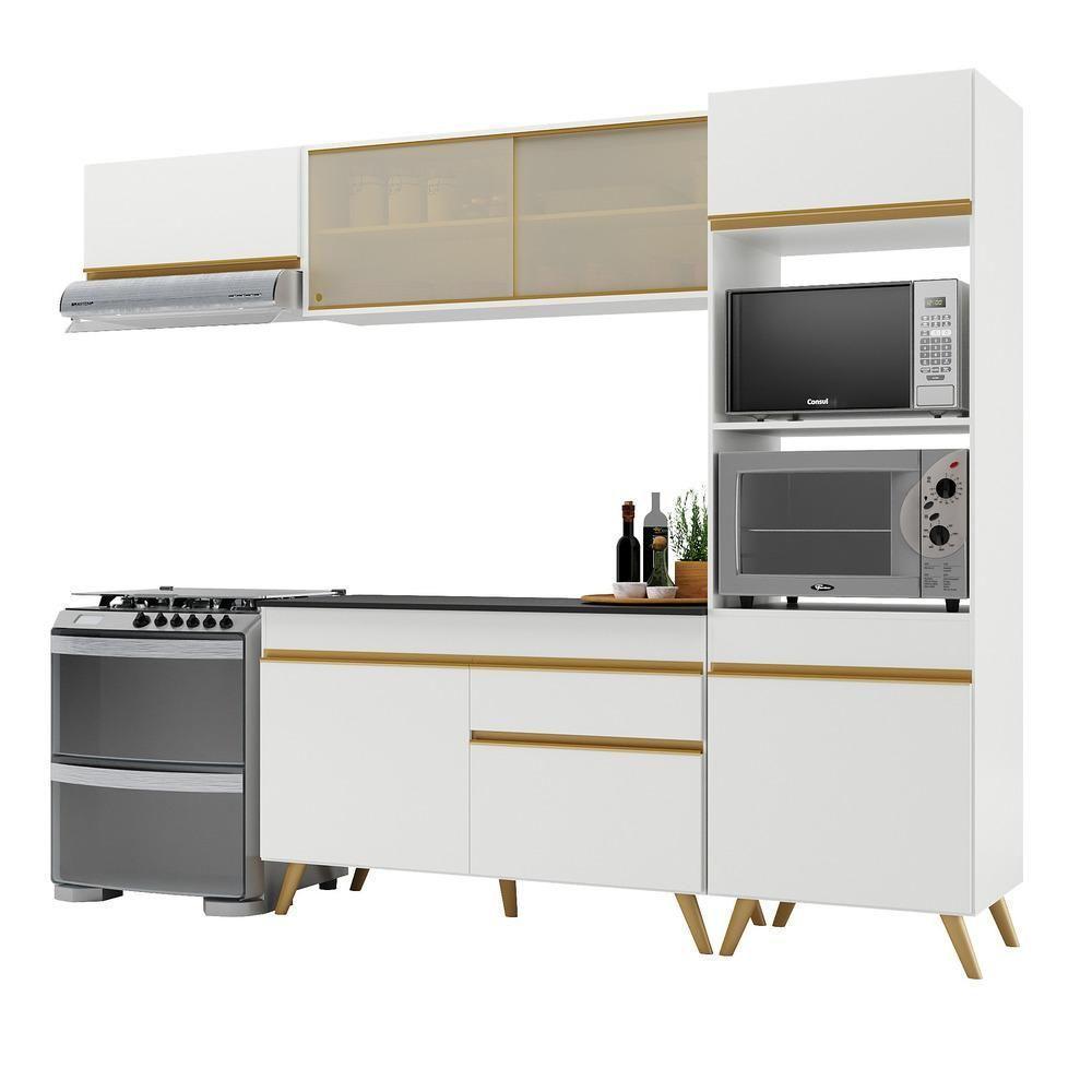 Armário De Cozinha Compacta 252cm Veneza Multimóveis V3691 Branco/dourado Branco/dourado - 1