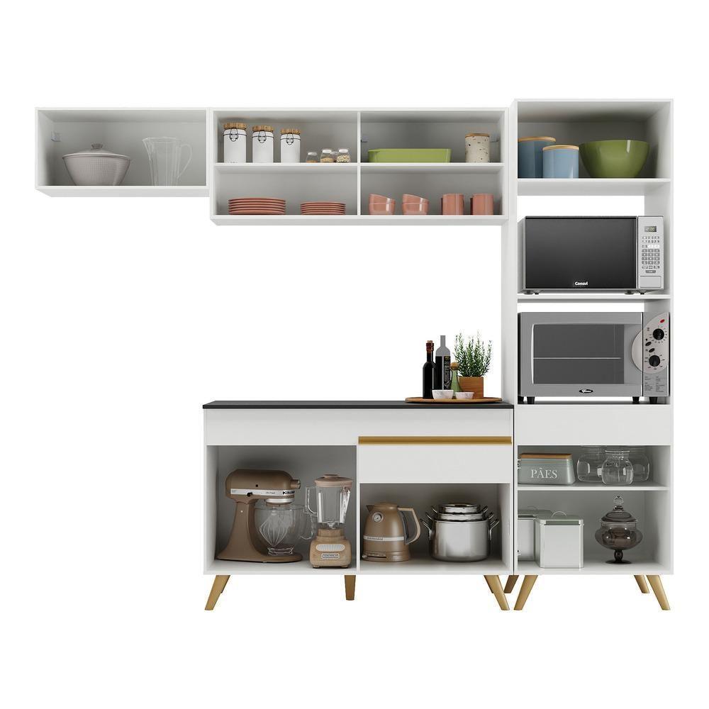 Armário De Cozinha Compacta 252cm Veneza Multimóveis V3691 Branco/dourado Branco/dourado - 3