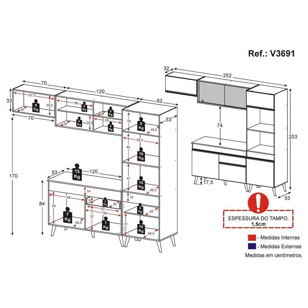 Armário De Cozinha Compacta 252cm Veneza Multimóveis V3691 Branco/dourado Branco/dourado - 4