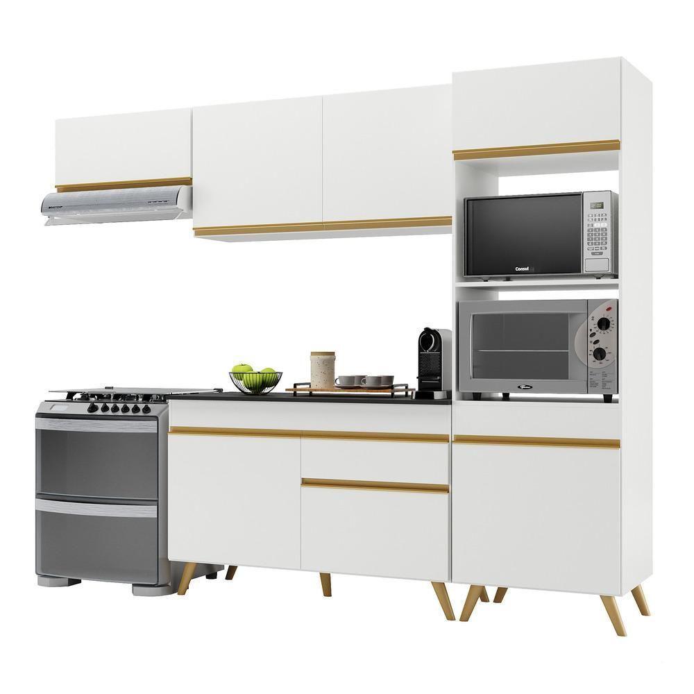 Armário De Cozinha Compacta 252cm Veneza Multimóveis V3690 Branco/dourado Branco/dourado - 1