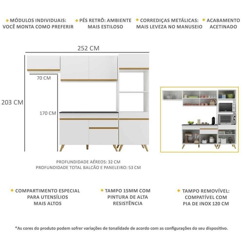 Armário De Cozinha Compacta 252cm Veneza Multimóveis V3690 Branco/dourado Branco/dourado - 5