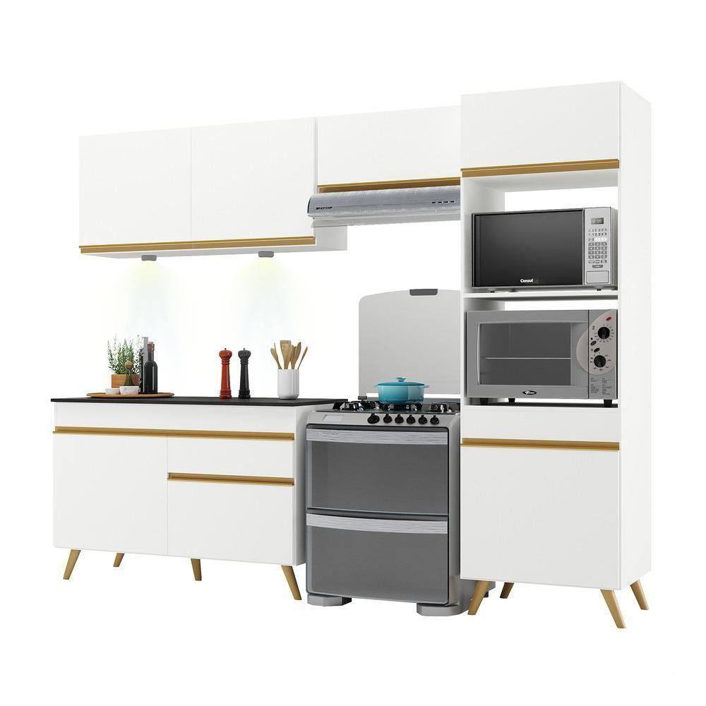 Armário De Cozinha Compacta 252cm Com Leds Veneza Up Multimóveis V2018 Branco/dourado Branco/dourado - 1
