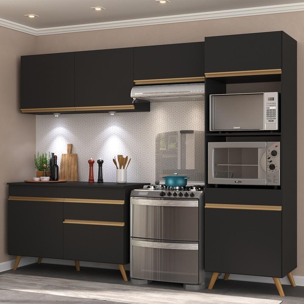 Armário De Cozinha Compacta 252cm Com Leds Veneza Up Multimóveis V2018 Preto/dourado Preto/dourado - 6